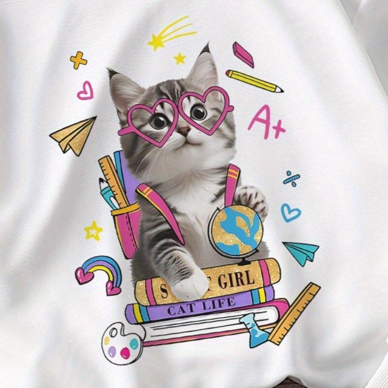 Kids Crewneck Long Sleeve Sweatshirt, Studying Little Cat Print, Sports Casual Tops