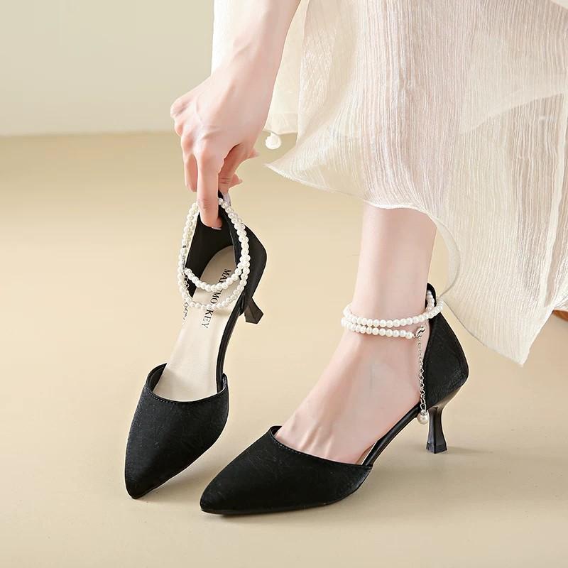 HO French Pearl Strap High Heels Women's Summer Style Pointed Fine Heels Fairy Style Sandals Single Shoes 2026