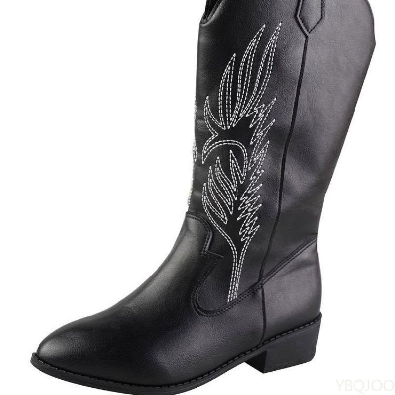Fashionable Versatile Women's Boots Embroidered Retro Elegant Minimalist Thick Heels Shoes Outdoor Denim Mid Calf Boots