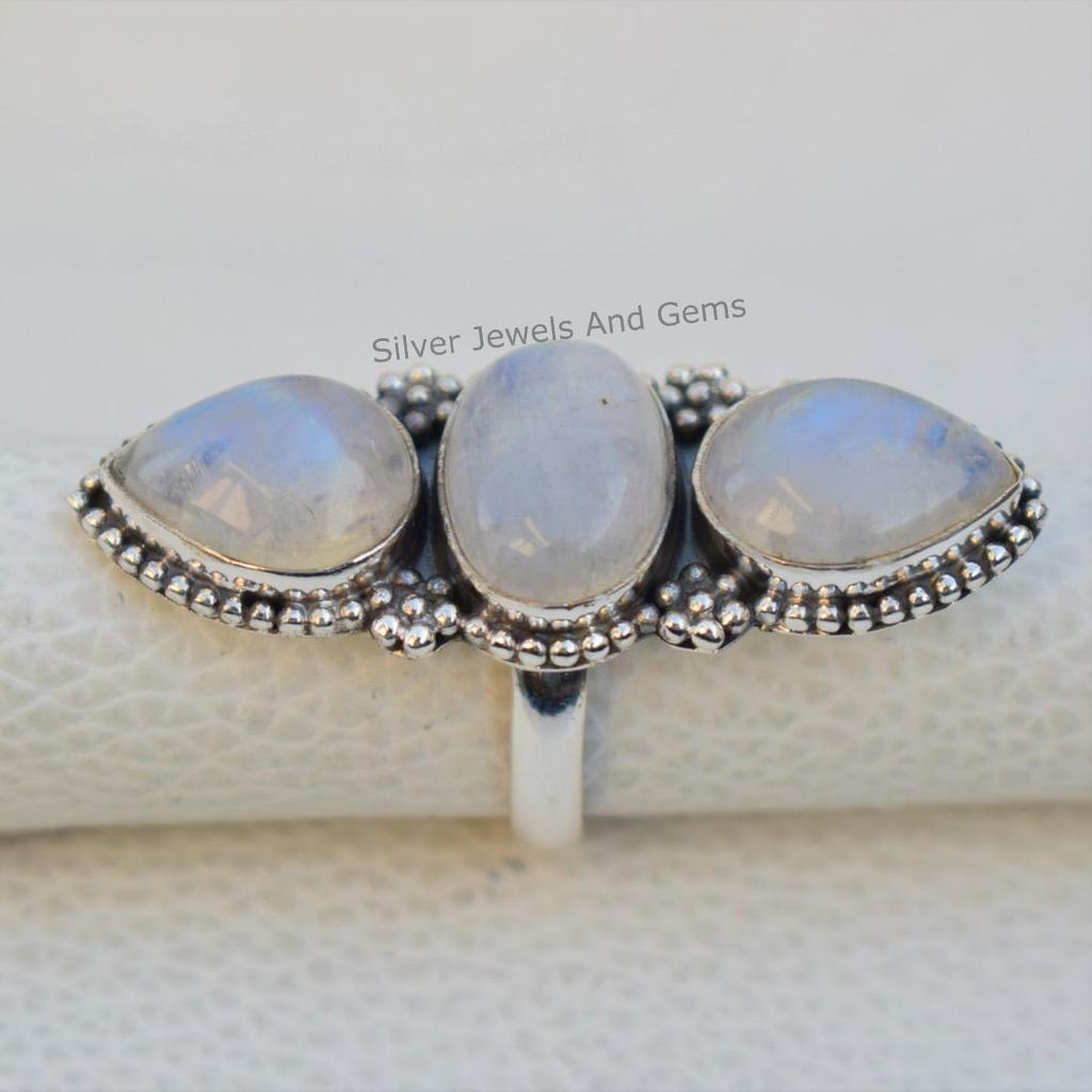 Natural Moonstone Ring, Wedding Ring, 925 Sterling Silver Ring, Oval Teardrop Multi Stone Ring, Blue Fire Moonstone Ring