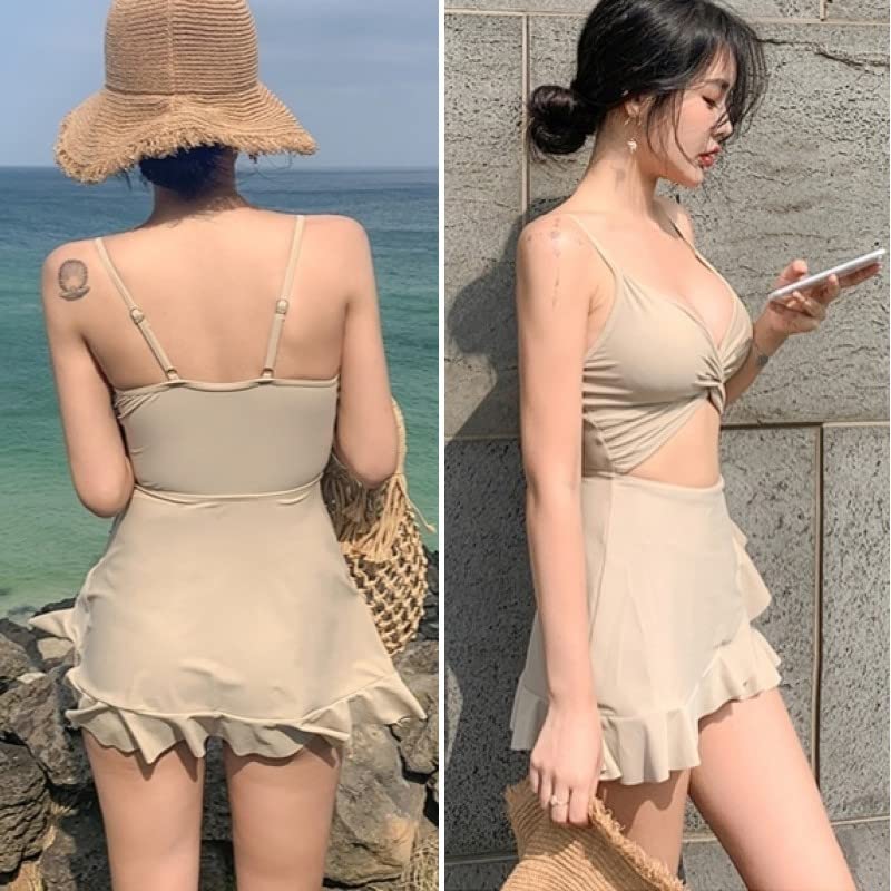 Monokini Swimsuit One Piece Flare Skirt Swimdress Camisole Straps Drawstring Padded No Wires DN6 Lelia [ISLAYCAOLILA] Women's (M, Black)