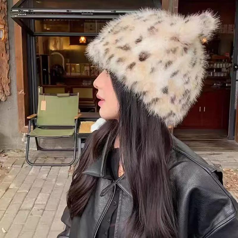 Leopard Print Bucket Hat with Bear Ears - Fashionable and Thickened for Autumn and Winter