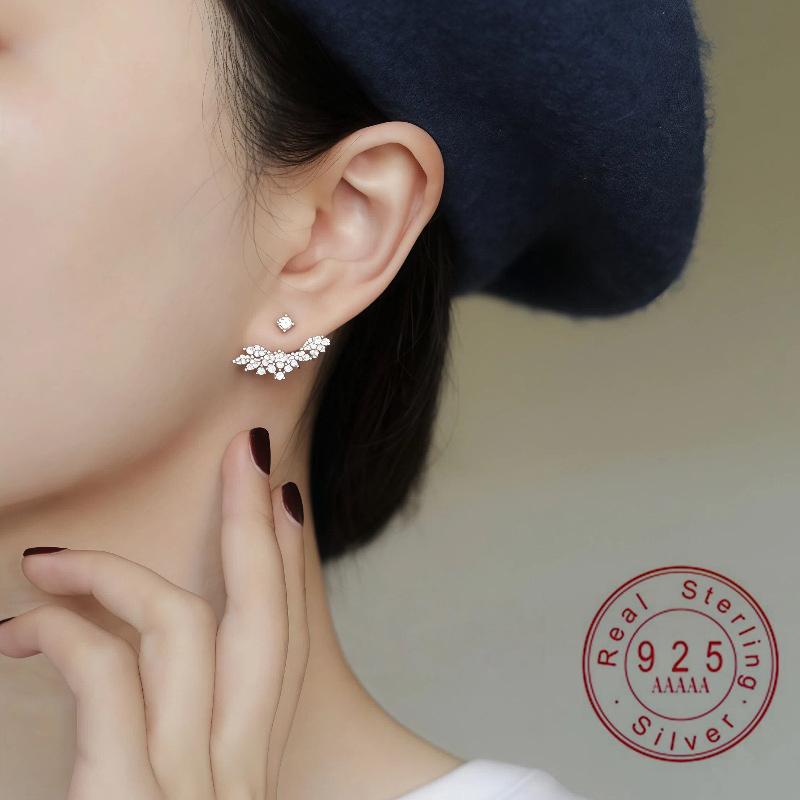 925 Sterling Silver CZ Wing Earrings, Gold Plated Sparkling Zircon Ear Crawler Studs for Women, Hypoallergenic Fine Jewelry