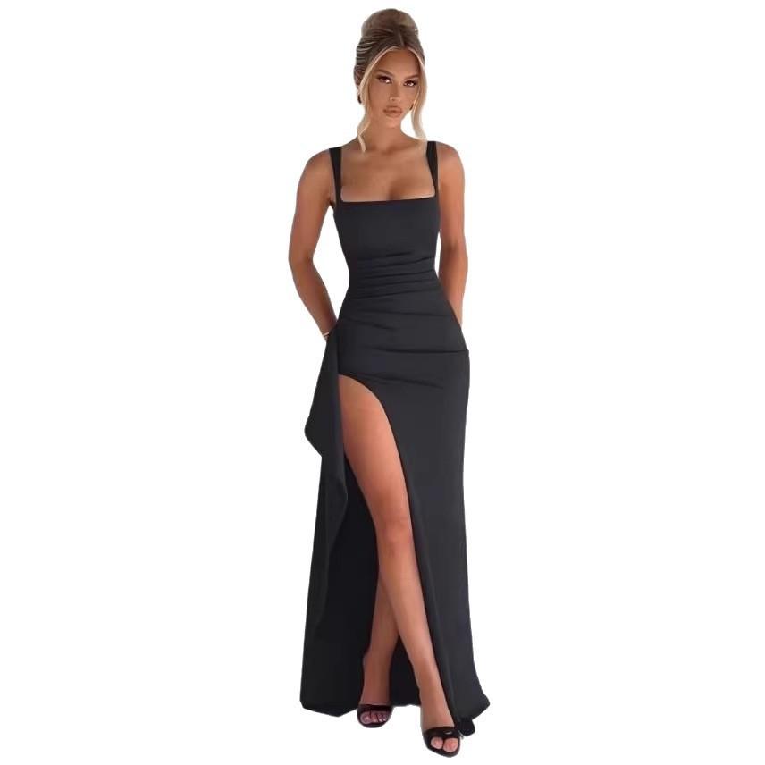 Abito da sera da donna stile INS europeo e americano, abito lungo, moda estiva, sexy, con spalline, schiena scoperta, spacco alto