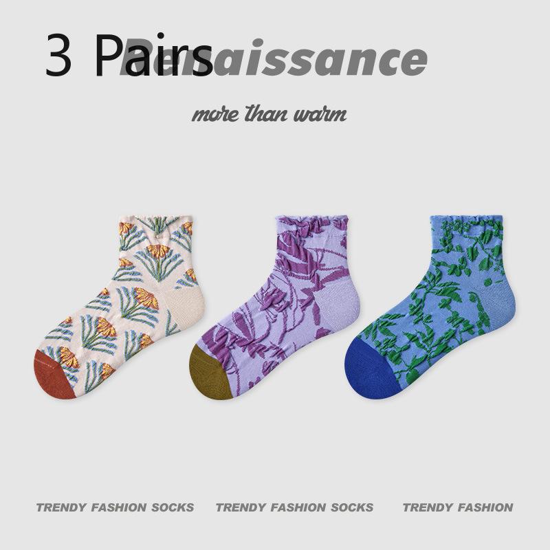 3 Pairs of Women's Summer Thin Geometric Design Breathable Stripe Low Top Socks