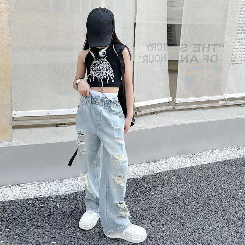 Jeans Strappati da Cowgirl per Bambina con Buco Stile Casual per Bambini Pantaloni in Denim Distrutto Primavera Autunno Bambino Abbigliamento High Street 5-14 Anni