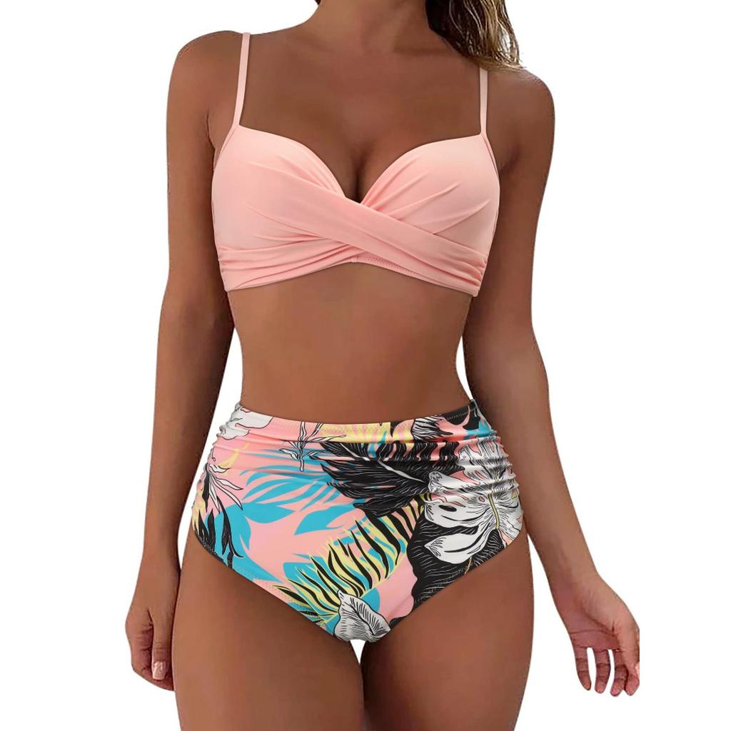 Costume da bagno bikini push up da donna costumi da bagno solidi sexy costume da bagno floreale femminile costumi da bagno increspati XL bikini a vita alta donna