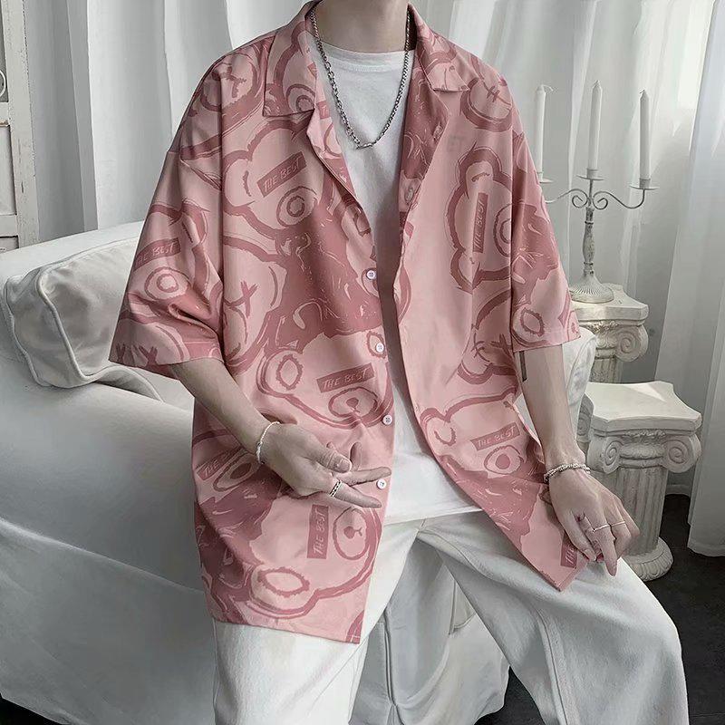 

Мужская летняя 2021 года повседневная рубашка свободного кроя с принтом в корейском стиле, с рукавом до локтя XXXL