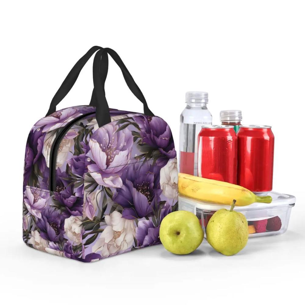 Light Purple Floral Pattern Insulated Lunch Bag for Women Children Portable Food Boxes Thermal Lunch Box Tote