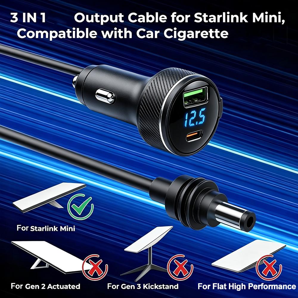 For Starlink Charger USB Type C Lighter Car Charger with Digital Voltmeter Waterproof Extension Car Accessories