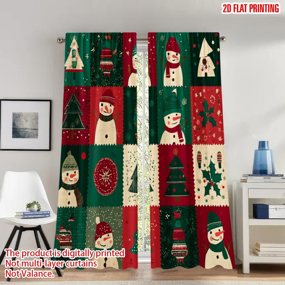 

Set Of 2 Flat Printing Happy Christmas Fashion Curtains Snowman Tree Snowflakes Festive Digital Printed Polyester Curtain Made W100*H70(CM)-Rod Pocket&2PCS