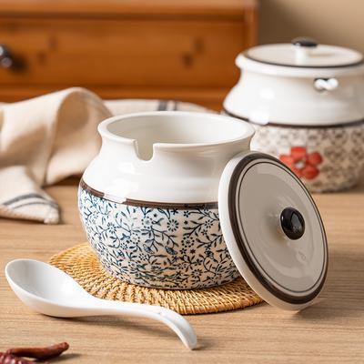 Kitchen Ceramic Oil Tank Household High-temperature Resistant Chili Oil Tank with Lid Spoon Kitchen Spice Jar Seasoning Can