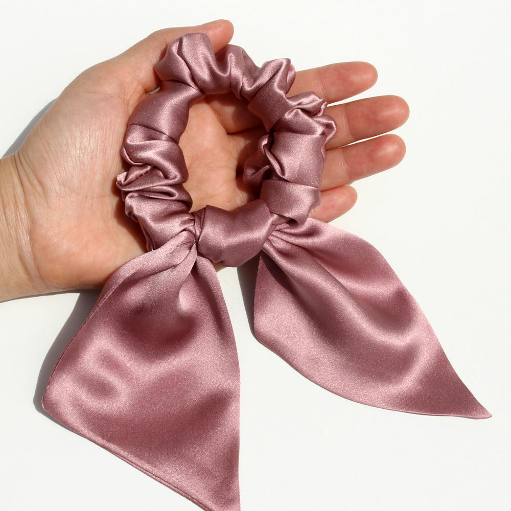 100% Pure Silk Bunny Ear Scrunchies Bow Bowknot Knotted Scrunchy Hair Bands Elastic Ties Ponytail Holder for Women,Girls 1 Piece
