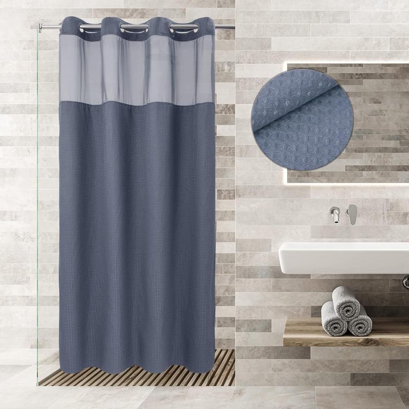 No Hooks Required Dotted Waffle Weave Shower Curtain with Snap In Liner - 71W X 74H,Hotel Grade,Spa Like Bath Curtain,Gray
