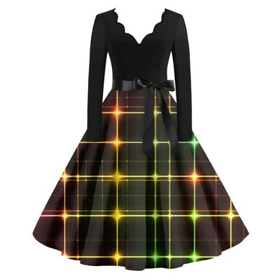 Damen Casual Mode V-Ausschnitt Langarm Bedruckt Vintage Langes Kleid