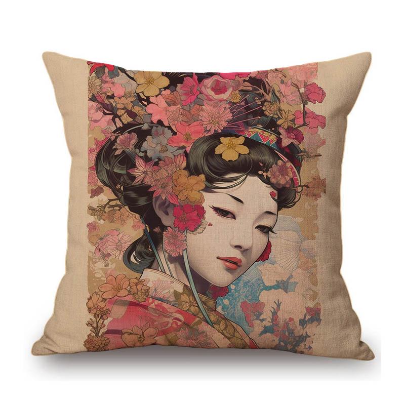 Pretty Japanese Girl Geisha Sakura Lovely Beautiful Woman Asian Culture Art Decorative Sofa Pillow Case Linen Cushion Cover