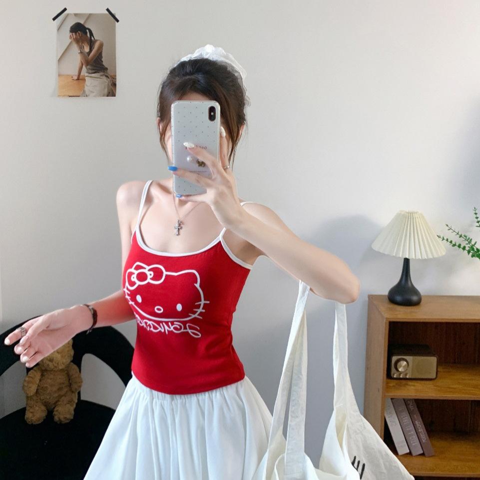 #Summer New Sweet Wind Cartoon Print Splicing Contrasting Color Sling Vest Slim Fixed with Chest Pad