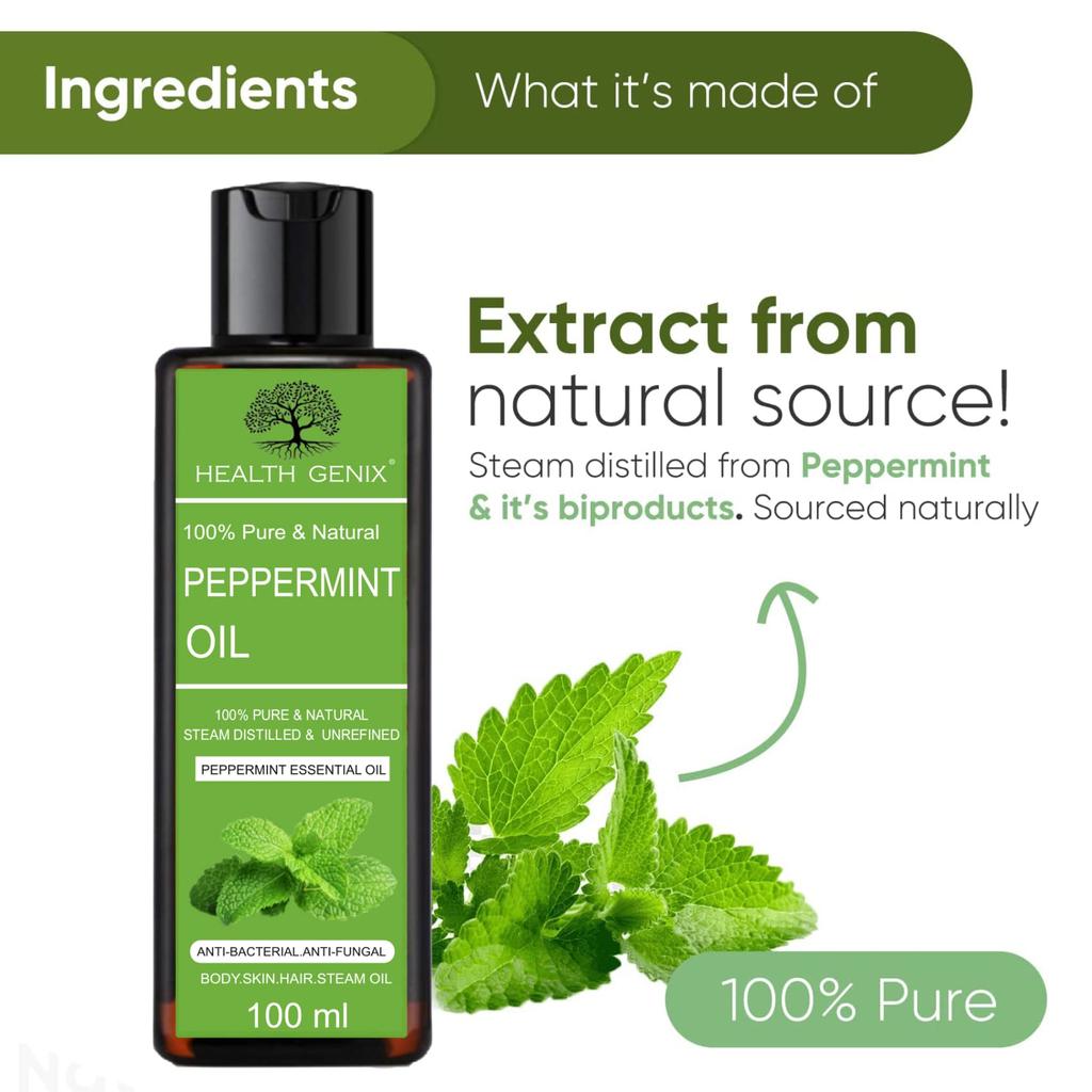 Healthgenix Pure Peppermint Essential Oil - 100ml | Free Rose Water - 60ml | Therapeutic Grade For Hair, Skin, Face, Diffuser, Aromatherapy,