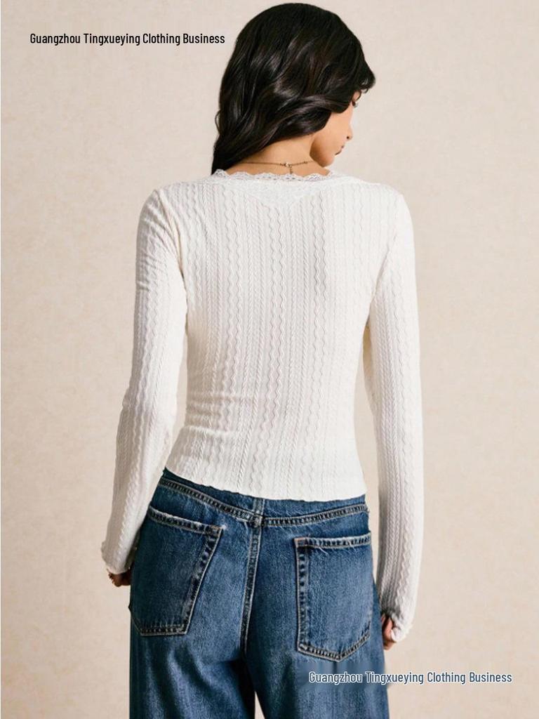 European & American Slim V-Neck Lace Long-Sleeve T-Shirt for Women - Autumn/Winter Temperament Base Top