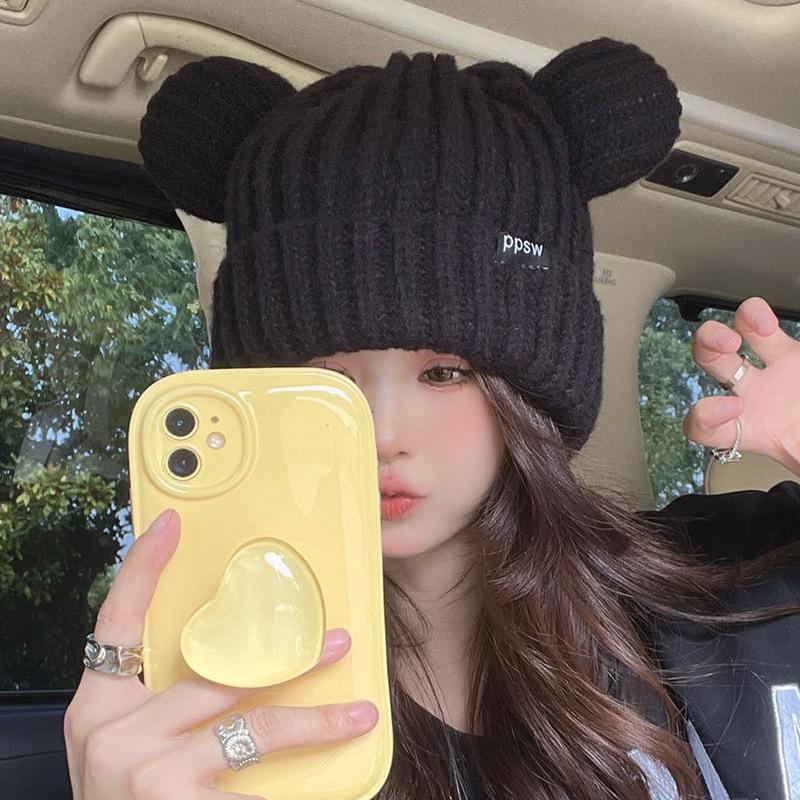Cat Ear Knitted Hat for Women In Autumn and Winter Warmth and Thick Ear Protection Winter Style Cute Face Showing Small Ins Student Wool Hat