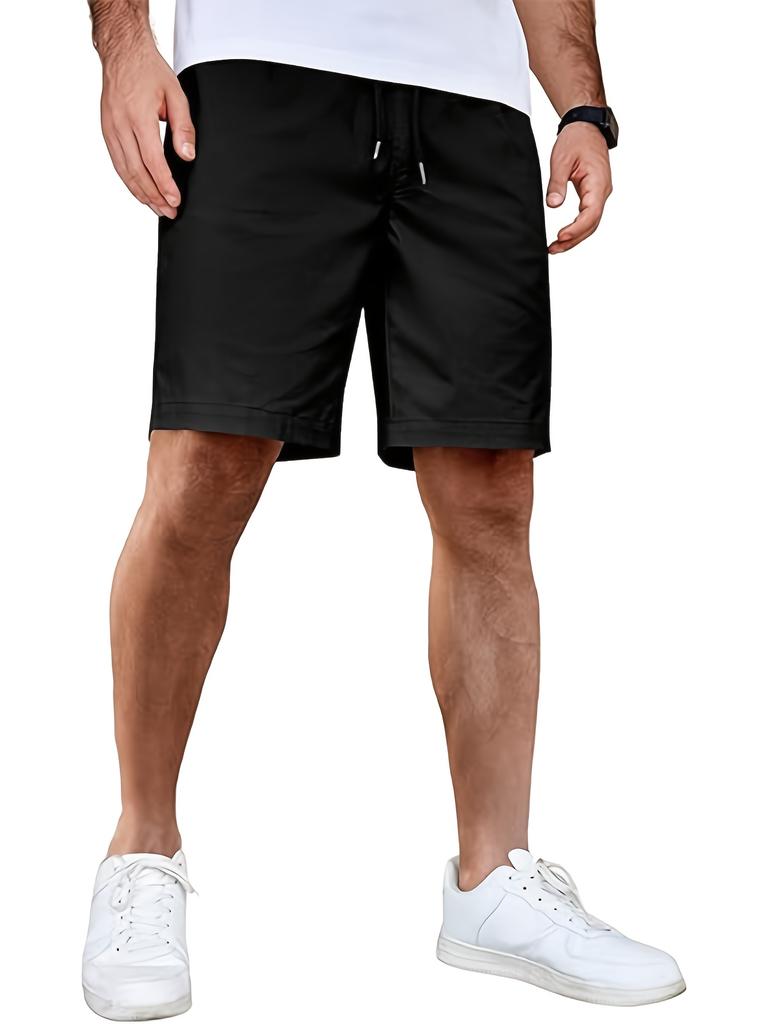 Men's Solid-color Suit Shorts with Leather Label Drawstring Casual Multi-pocket Capre Shorts