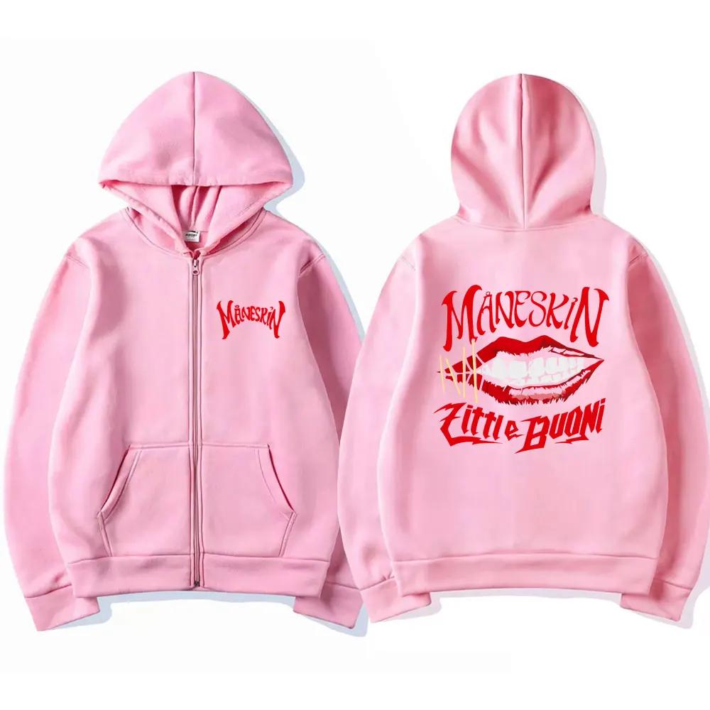 Sweat à capuche zippé avec bouche Maneskin, groupe de rock italien, pour homme et femme, surdimensionné, décontracté, cardigan zippé, manteaux mode rétro