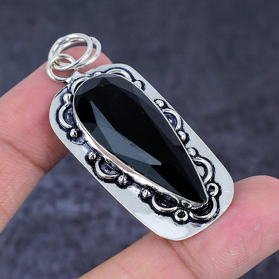 Black Spinel Handmade 925 Sterling Silver Jewelry Pendant 2.40" A5M58