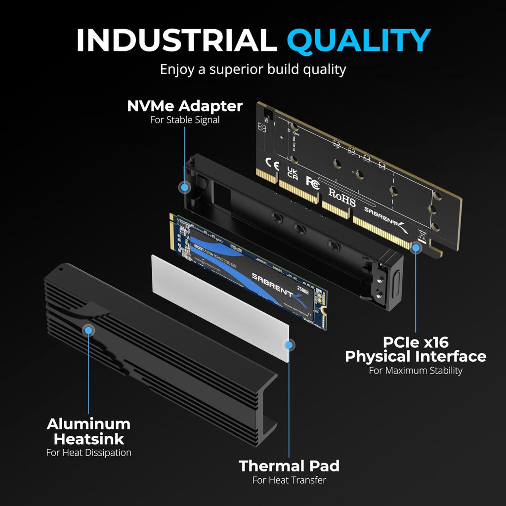 SABRENT M.2 NVMe SSD - PCIe X16 Tool-Free Expansion Card (AIC), with Aluminum Heatsink, M.2 PCIe Adapter for Gen5 SSDs, PCIe 5.0, Backward Compatible
