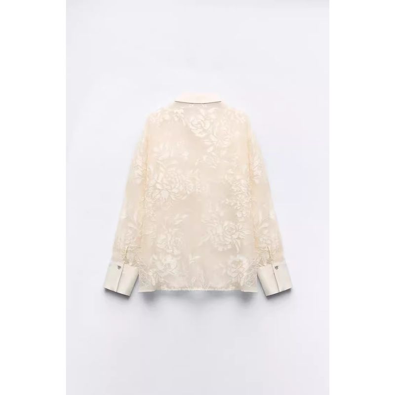 Spring New Lapel Long Sleeves Silk Satin Texture Decorative Velvet Patchwork Translucent Shirt 7484064