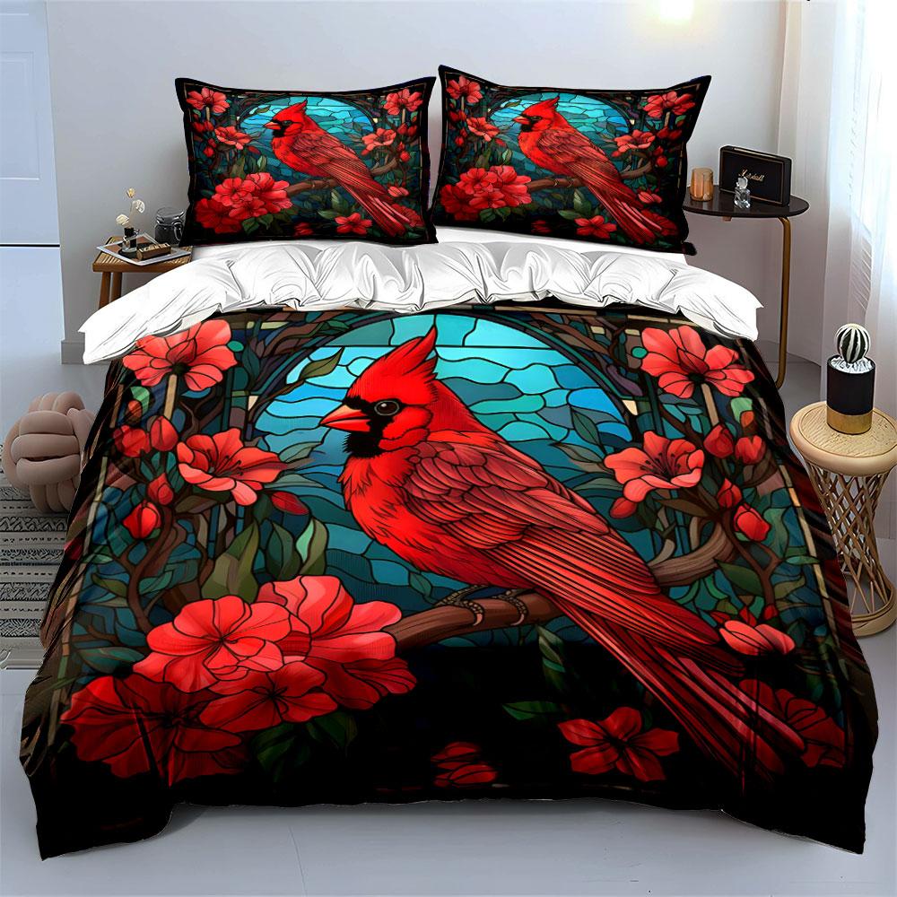 Vibrant Red Bird Stained Glass Decor Exquisite Three-Piece Bedding Set Gift For Kids And Adults