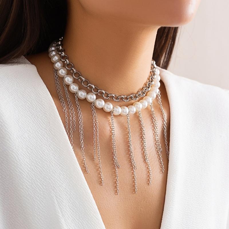Double Layer Collar Necklace Elegant Imitation Pearls Choker Vintage Tassels Necklace Clavicle Chain Fashion Jewelry