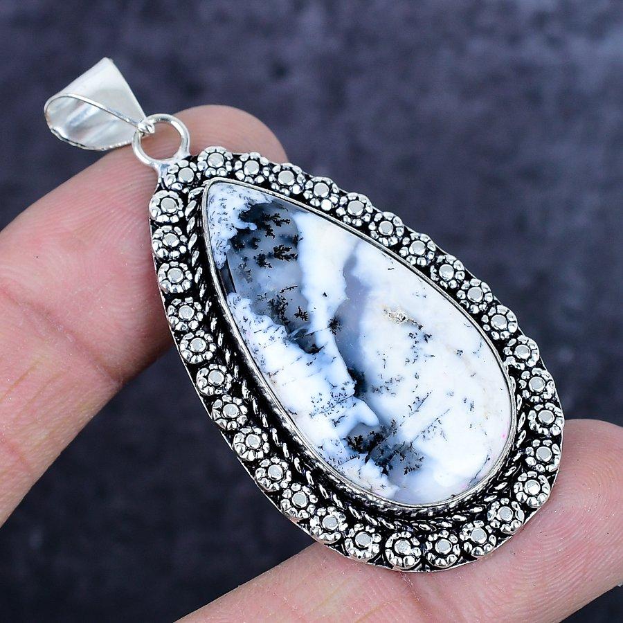 Natural Dendrite Opal Gemstone 925 Sterling Silver Jewelry Pendant 2.48" ETC-14219