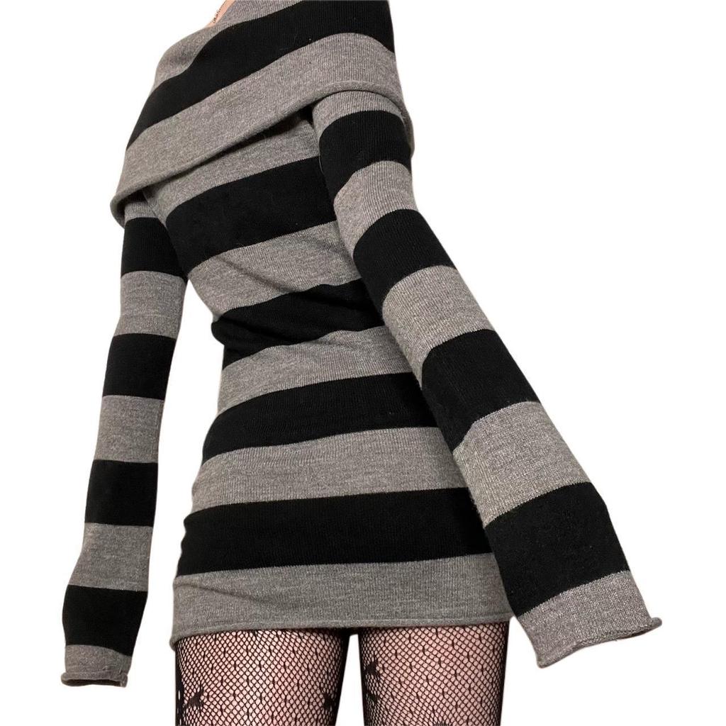 Y2K Gestreept One-Shoulder Slim Gebreide Trui Jurk