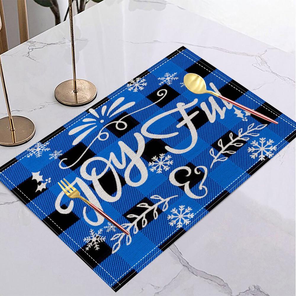 Christmas Linen Placemat Table Coffee Mat Navy Blue Reindeer Abstract Tree Snowflake Joyful Plaid Decorative Dining Holiday