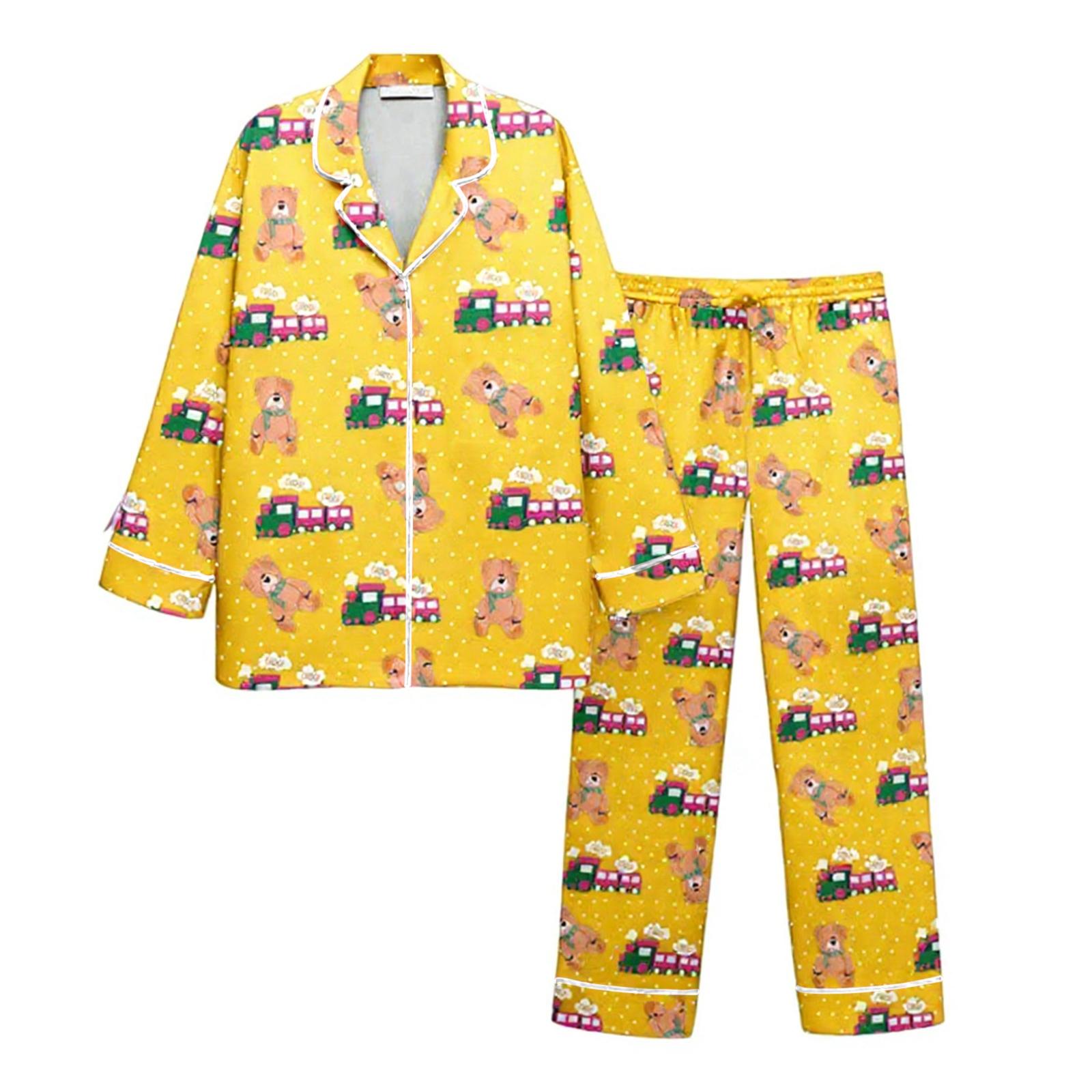 

Женский костюм из 2 предметов с принтом, топ на пуговицах с длинными рукавами, широкие брюки, комплект, пижамный домашний повседневный костюм XL жёлтый