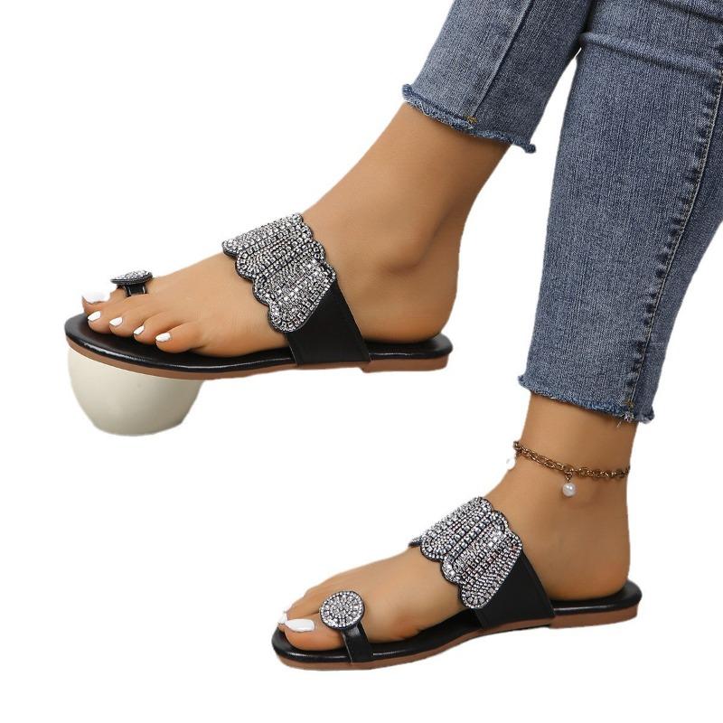 New Summer Women's Plus Size Toe Loop Rhinestone Flat Lightweight Beach Slide Sandals