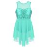 Kids Girls Modern Lyrical Dance Costumes Sleeveless Sequins Criss-Cross Back Ballet Irregular Leotard Dress