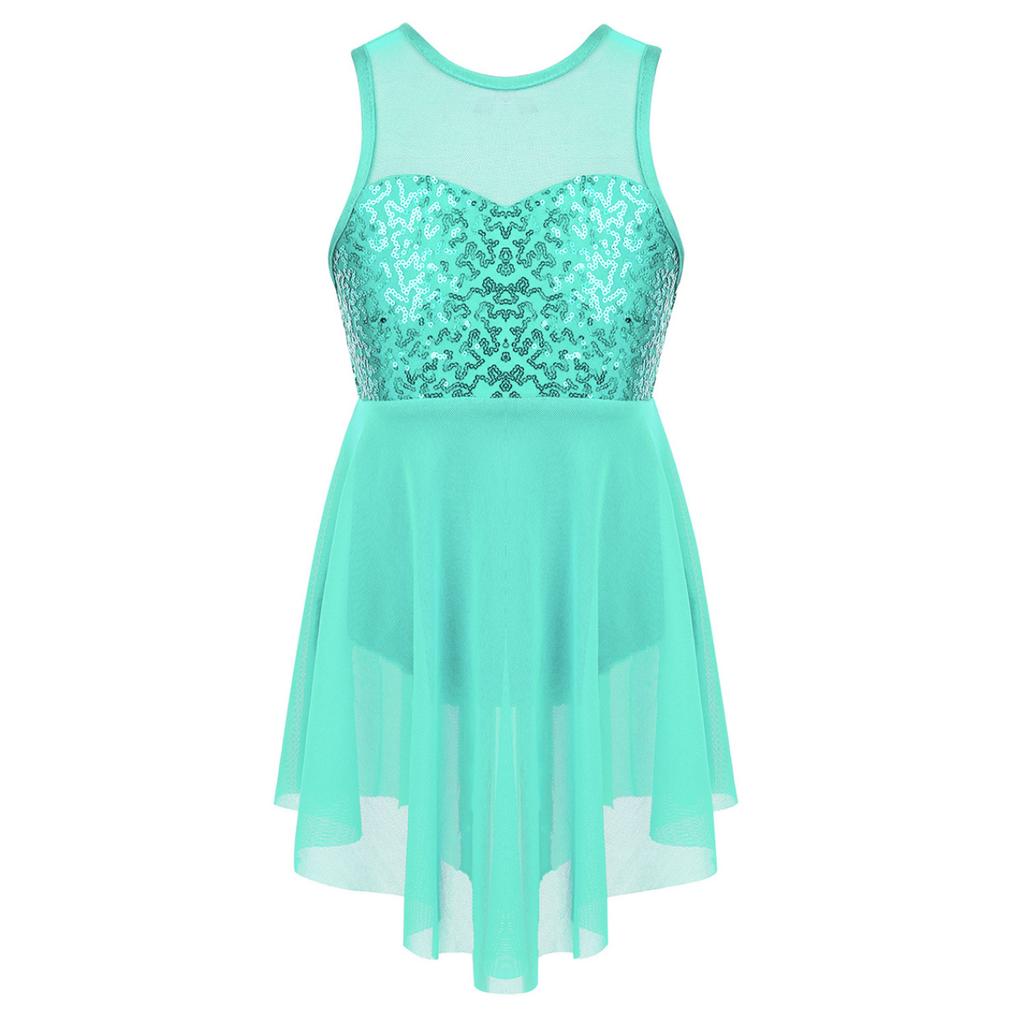 Kids Girls Modern Lyrical Dance Costumes Sleeveless Sequins Criss-Cross Back Ballet Irregular Leotard Dress
