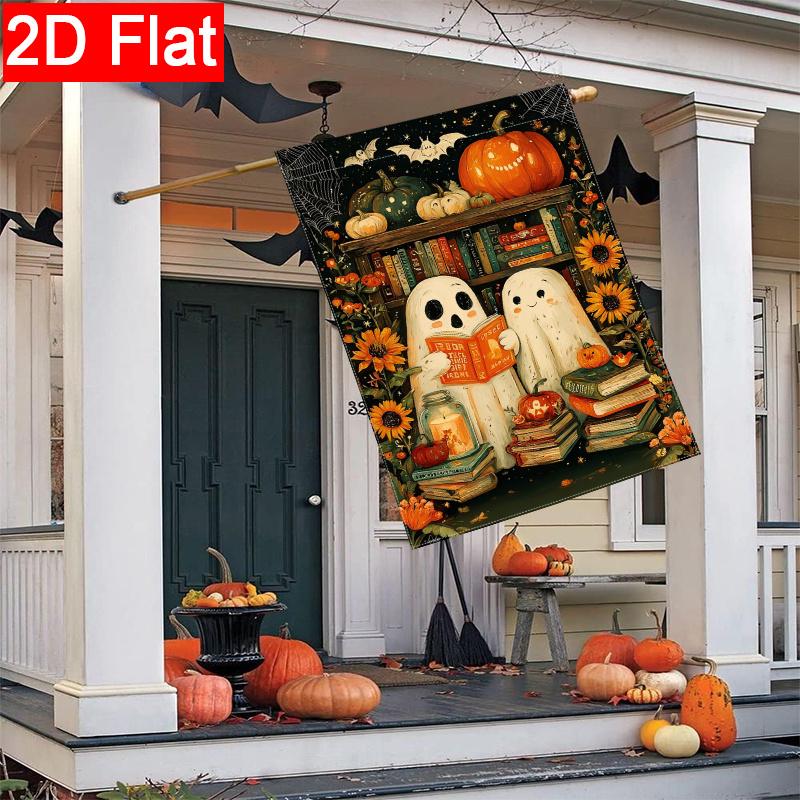 2D Flat - 2D Flat - 2D Flat, Halloween Reading Garden Flag - 4-28 X 40 Inch Outdoor Garden Flag, Double-Sided Home Decoration Courtyard Decoration Out
