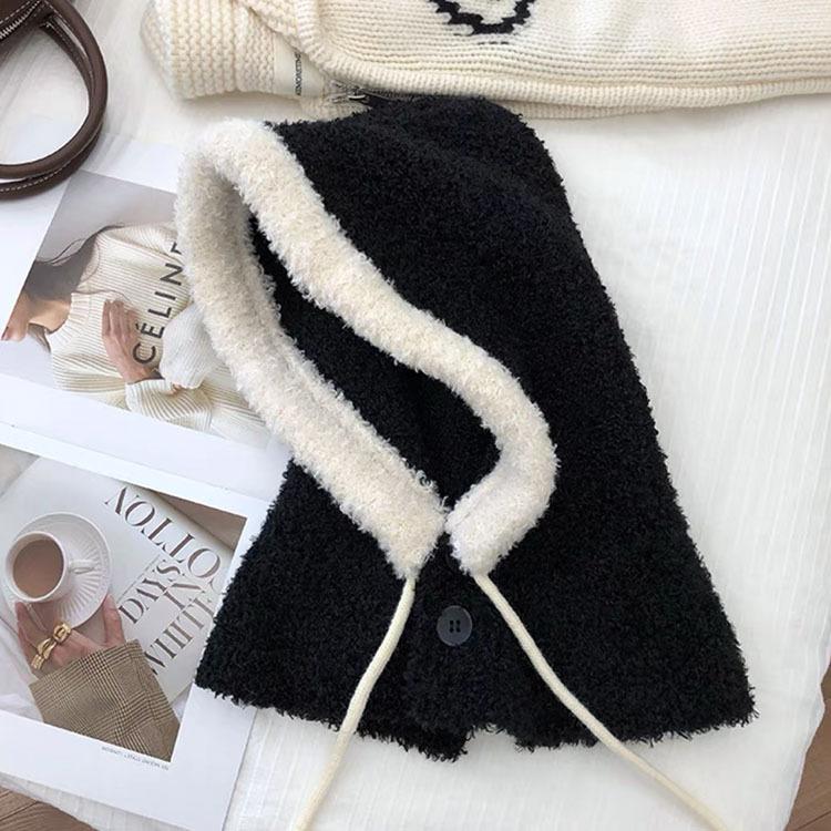 Two-color Spliced Plush Balaclava Hat Women's Winter Drawstring Warm Windproof Ear Protector Neck Pullover Hat