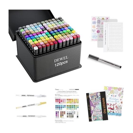 DEWEL Alcohol Marker 120 Color Set with Blender, Illustration Marker, Double-headed Marker Pen, High Color, Quick Drying, For Beginners, Manga,