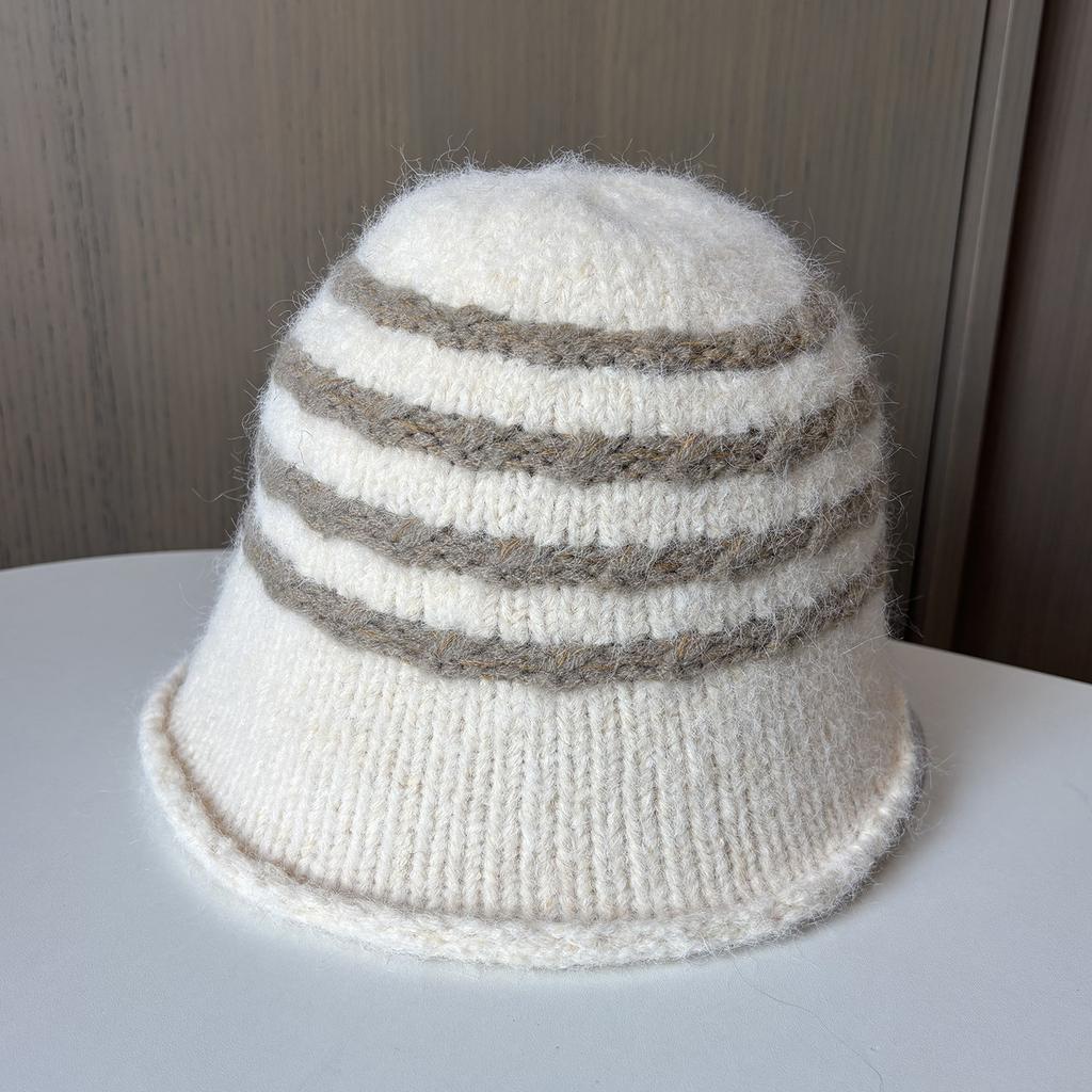 Japanese Striped Retro Knitted Bucket Hat Women'S Warm Wool Hat Versatile Big Brim Showing Face Small Bucket Hat