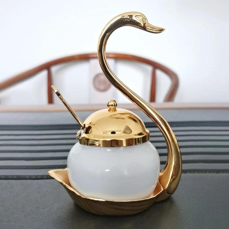 Sugar Cup Creataive Condiment Pot Glass Sugar Cup Fashion Swan Sugar Bowl Modern Spice Box Kitchen Seasoning Jar Kitchen Gadgets