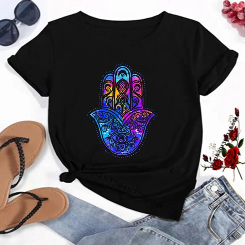 Camisetas con estampado de la mano de Fátima de Hamasa para mujer, camisetas Unisex Harajuku de la mano de Hamsa de la suerte, camisetas negras de manga corta para verano para mujer