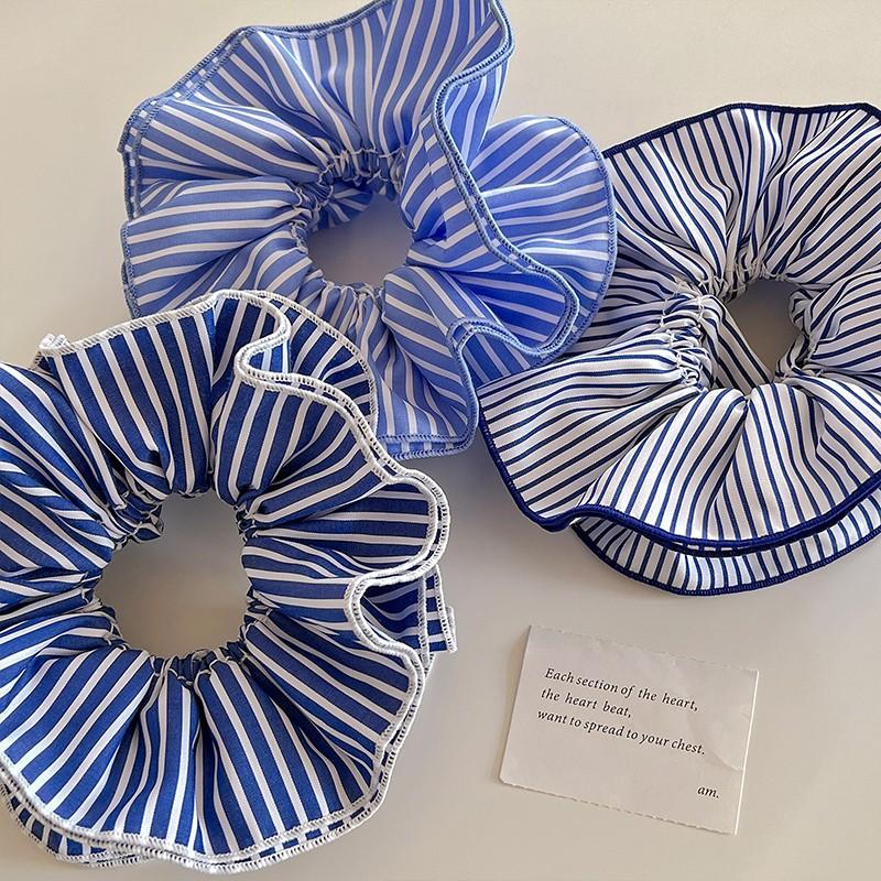 1pc Korean Girl with Blue Striped Double Layered Colon Hair Loop, Hair Tie, Rubber Band, Headband, Hair Accessory