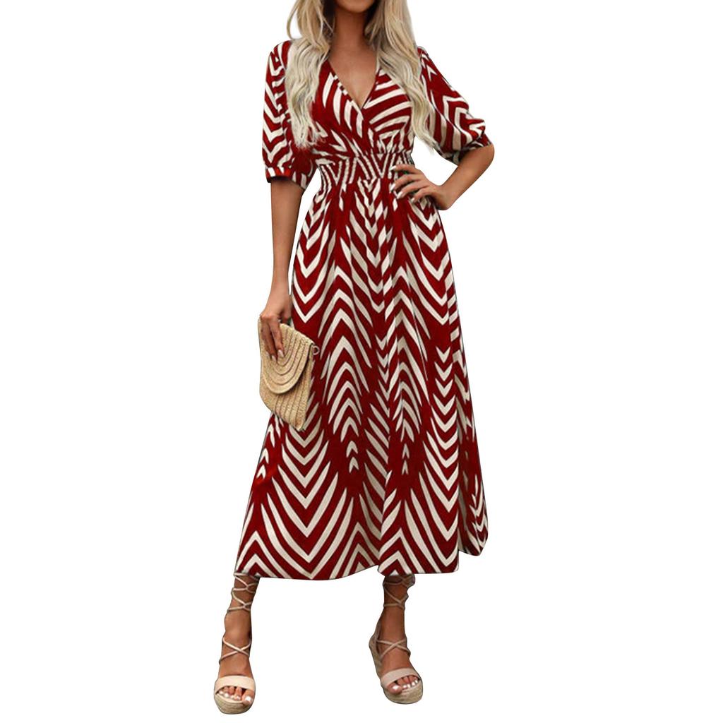 Damen Sommer Locker Halbarm V-Ausschnitt Bluse Mit Lockerer Und Enger Taille Lässiges Kleid