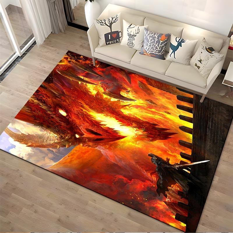 Fantasy Dragon and Warrior Fighting Scene with Flames and Castle Wall Background Suitable for use as an anti-slip1 for1room and bedroom sofas