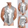 Men Metallic Shiny Bodysuit Clubwear Swimwear Mock Neck Sleeveless Front Zip-up Leotard One Piece Bathing Suit for Rave Party