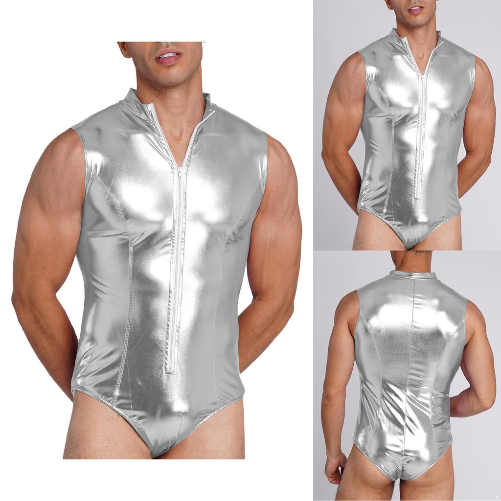 Men Metallic Shiny Bodysuit Clubwear Swimwear Mock Neck Sleeveless Front Zip-up Leotard One Piece Bathing Suit for Rave Party
