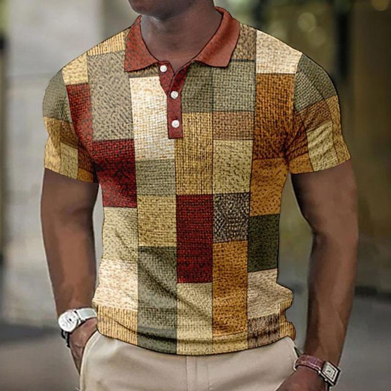 Independent Station Summer Men's Polo Shirt Button Plaid Pattern Printing Geometric Pattern D Digital Printing Trend